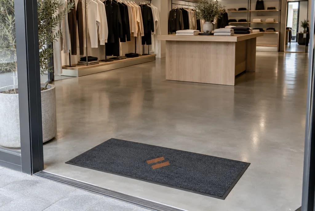 Illustration d’un tapis à emblème orange dans une boutique de vêtements