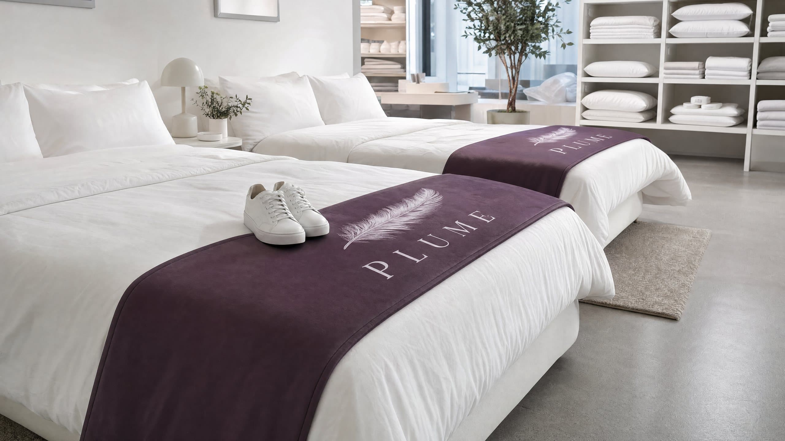 Repose-pieds prune imprimés d’une plume au pied de lits exposés dans un magasin de literie