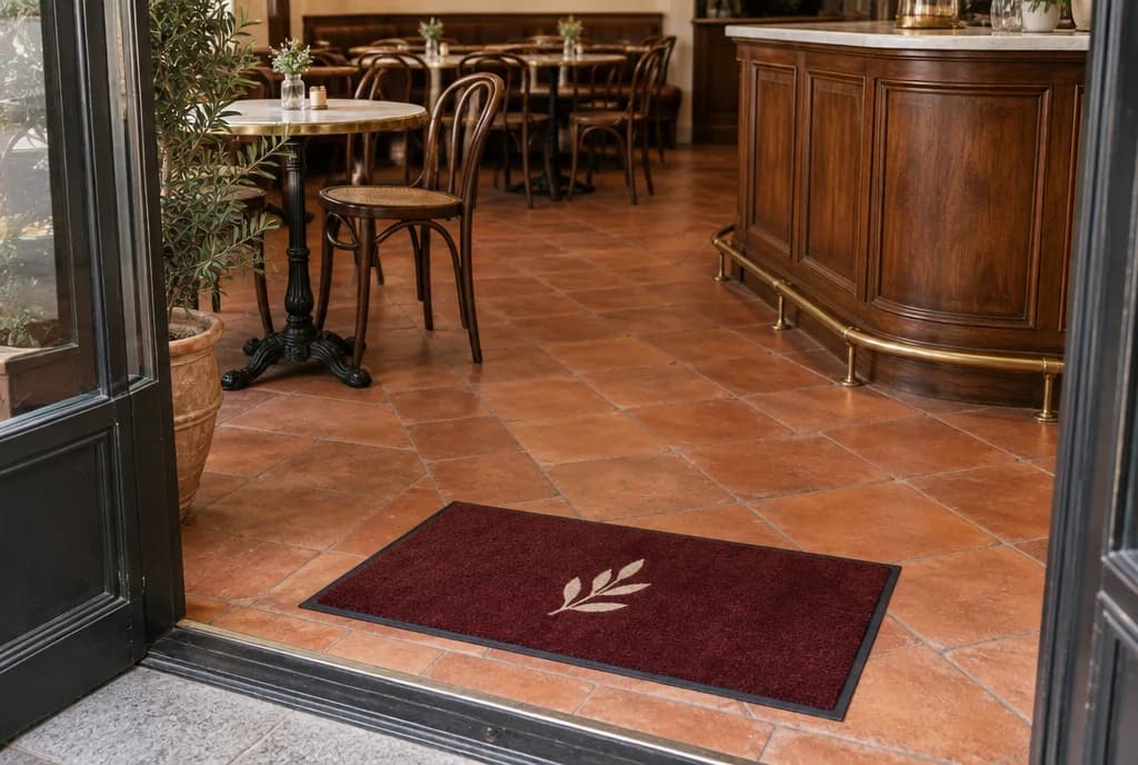 Illustration d’un tapis bordeaux à l’entrée d’une brasserie