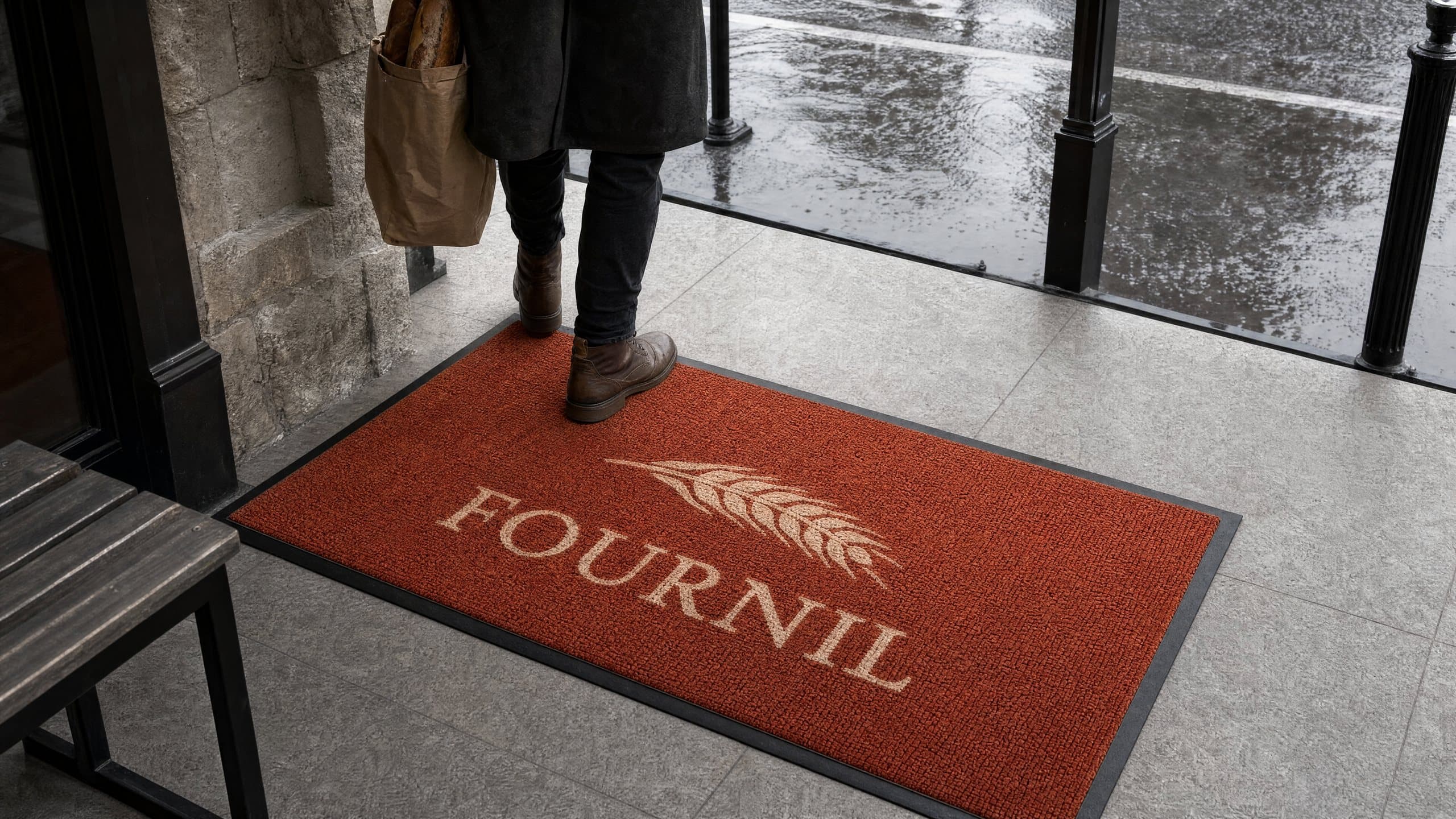 Tapis berbère terracotta au logo crème d’une boulangerie, sous un auvent par temps de pluie