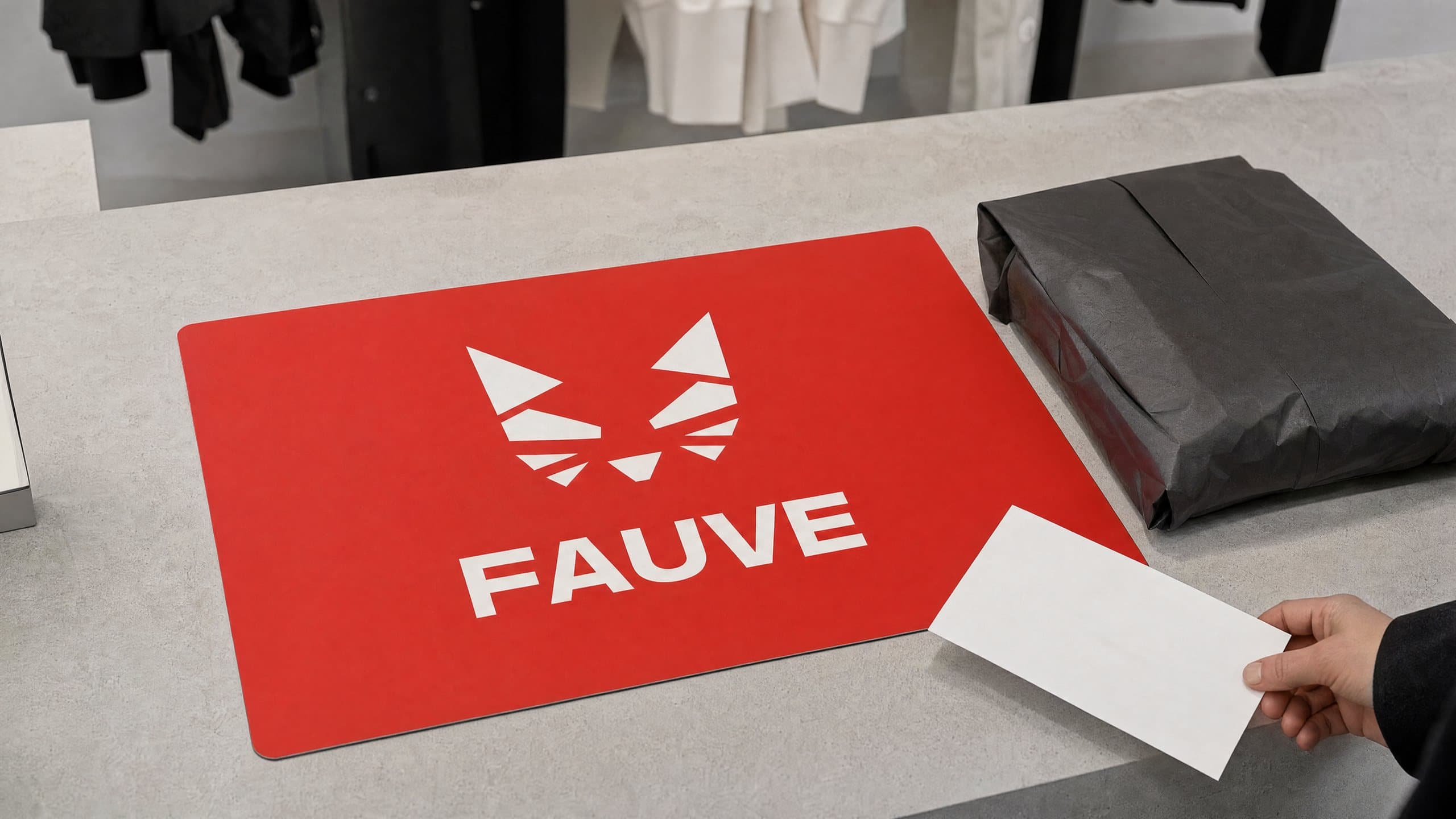 Tapis de comptoir rouge imprimé d’un logo blanc sur la caisse d’une boutique de mode