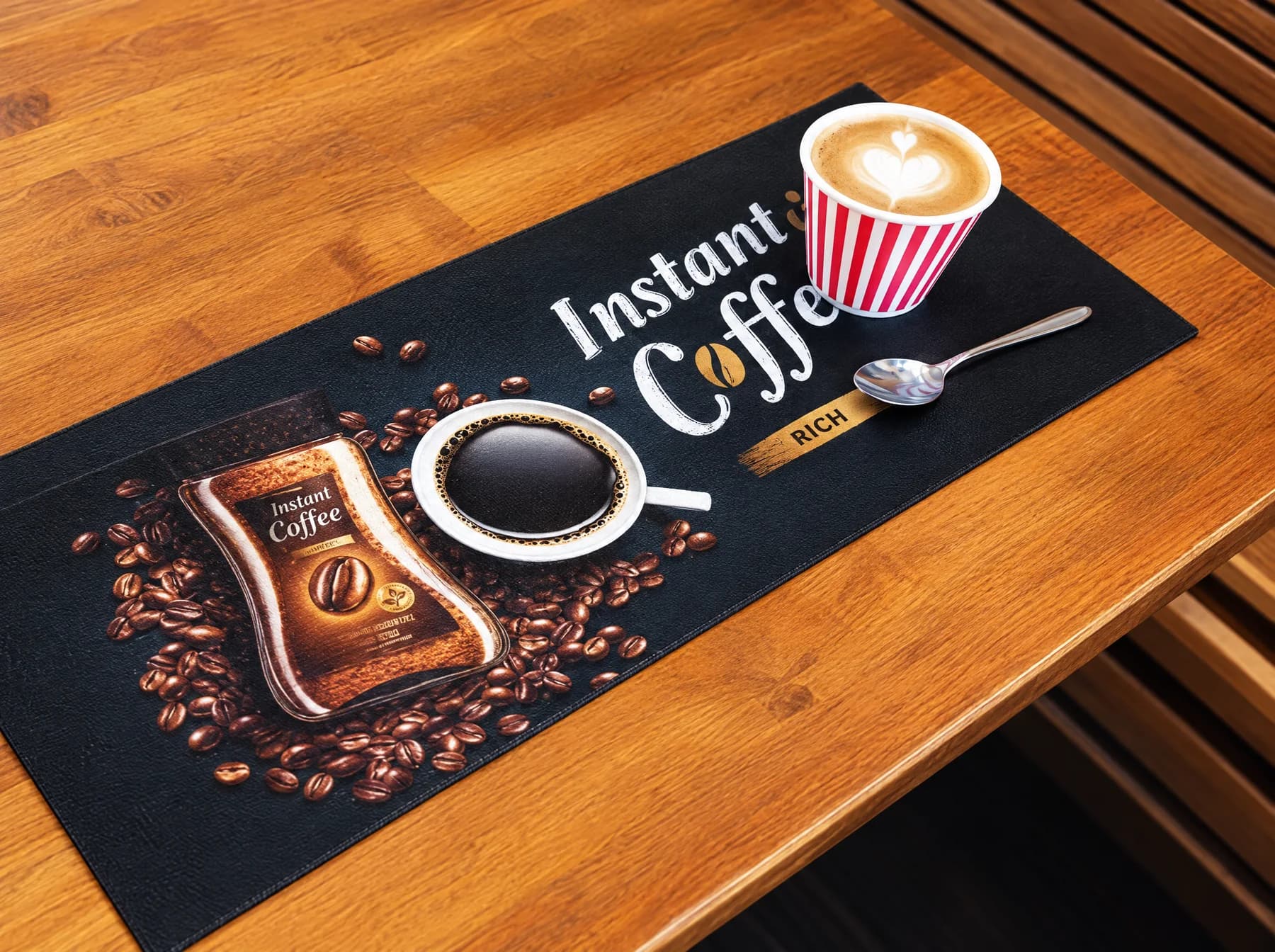 Illustration : CounterFlex imprimé de tasses et grains de café sur un comptoir en bois