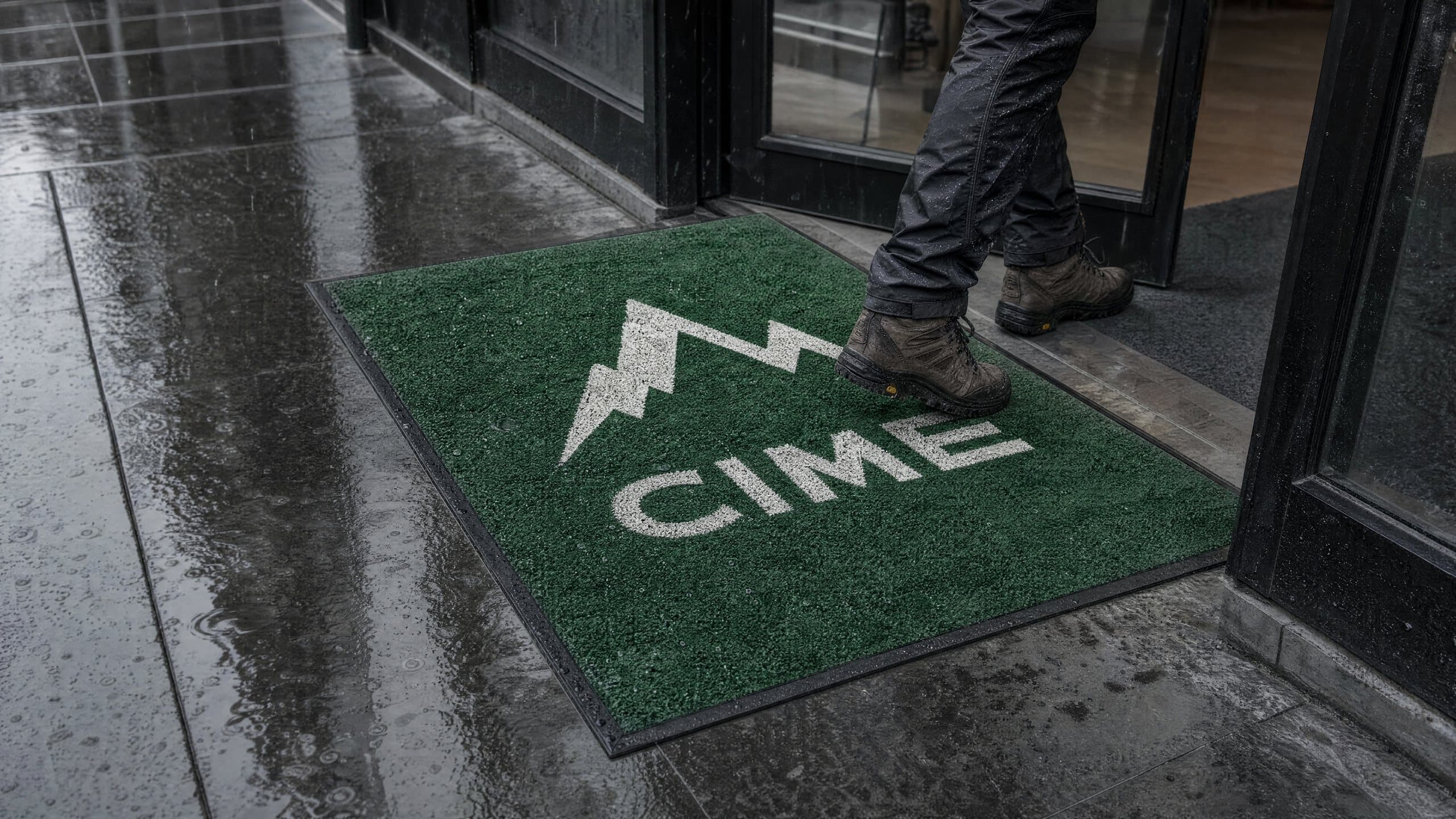 Tapis grattoir vert au logo montagne devant un magasin, sur un trottoir mouillé, un randonneur marche dessus