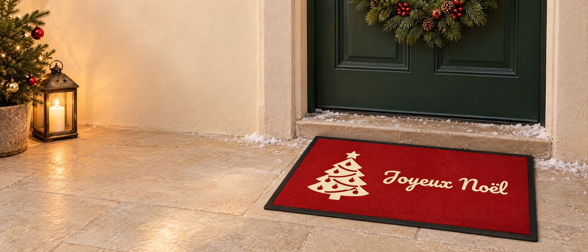 Tapis rouge « Joyeux Noël » avec un sapin décoré, devant une porte verte ornée d’une couronne, lanterne et petit sapin à côté