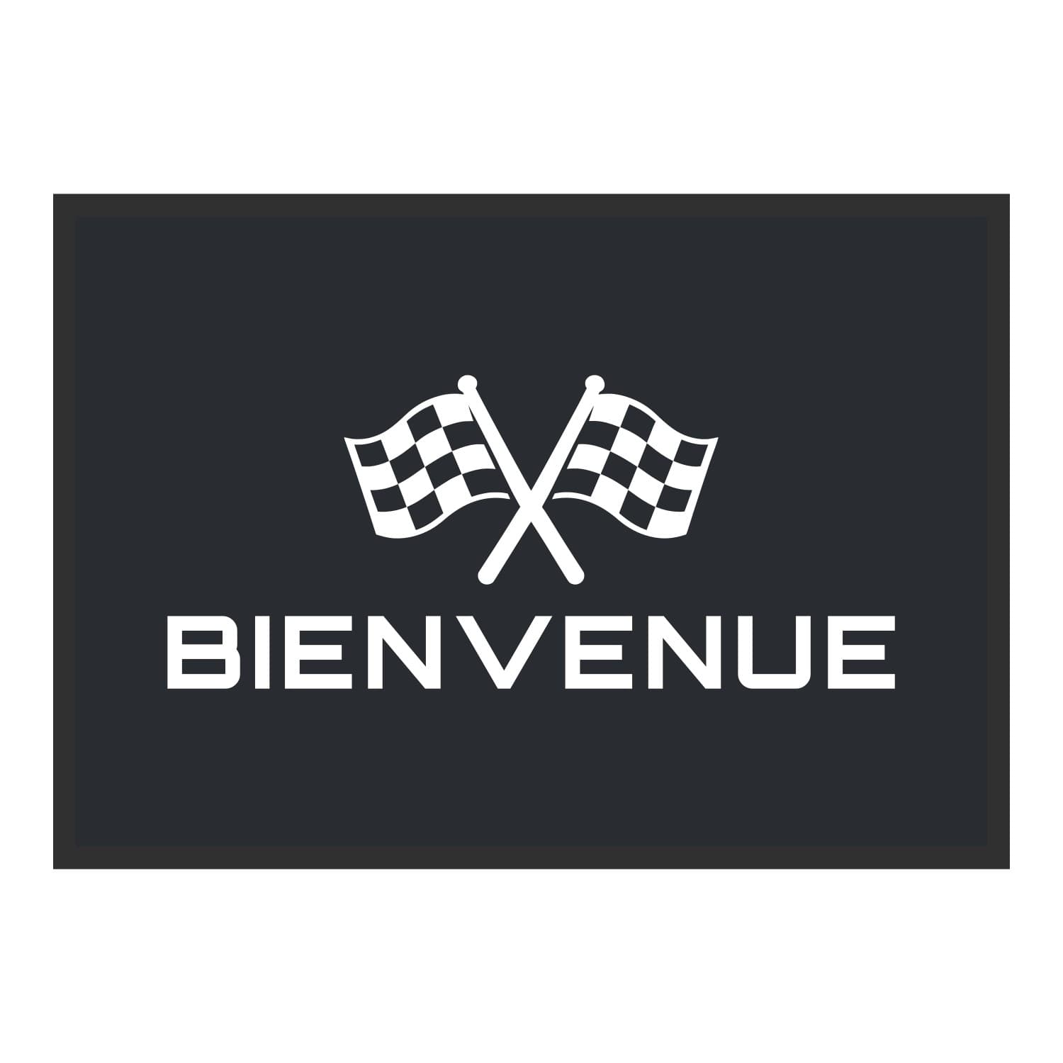 Vue du tapis Bienvenue drapeaux à damier dans son format et ses couleurs de départ