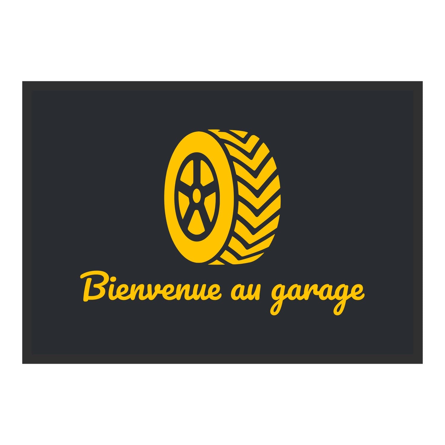 Vue du tapis Pneu Bienvenue au garage dans son format et ses couleurs de départ