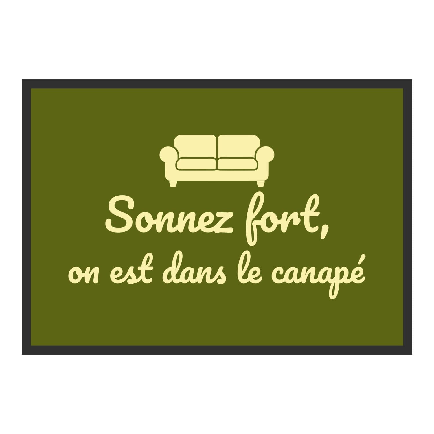 Vue du tapis Sonnez fort, on est dans le canapé dans son format et ses couleurs de départ