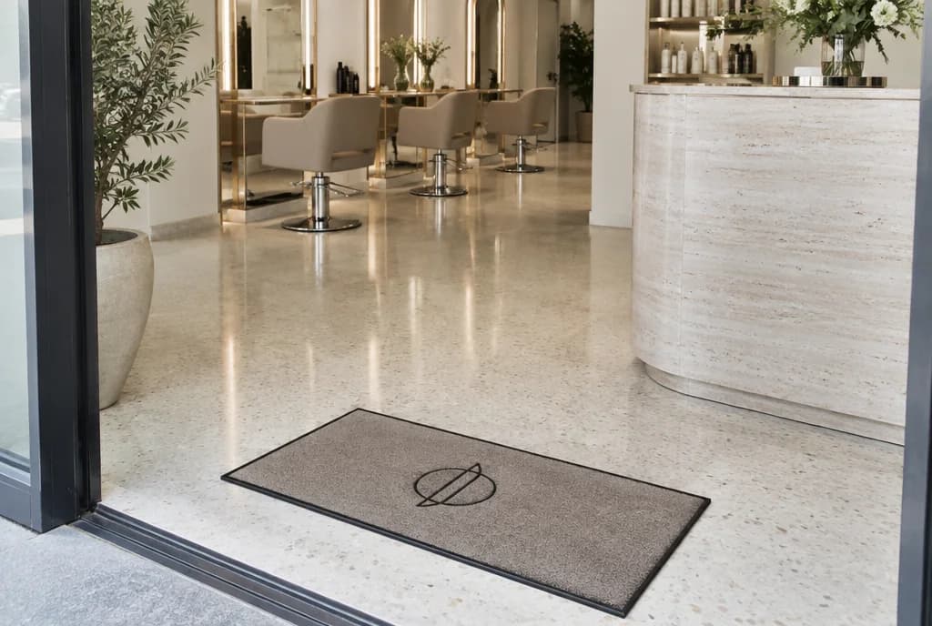 Illustration d’un tapis taupe devant l’accueil d’un salon de coiffure