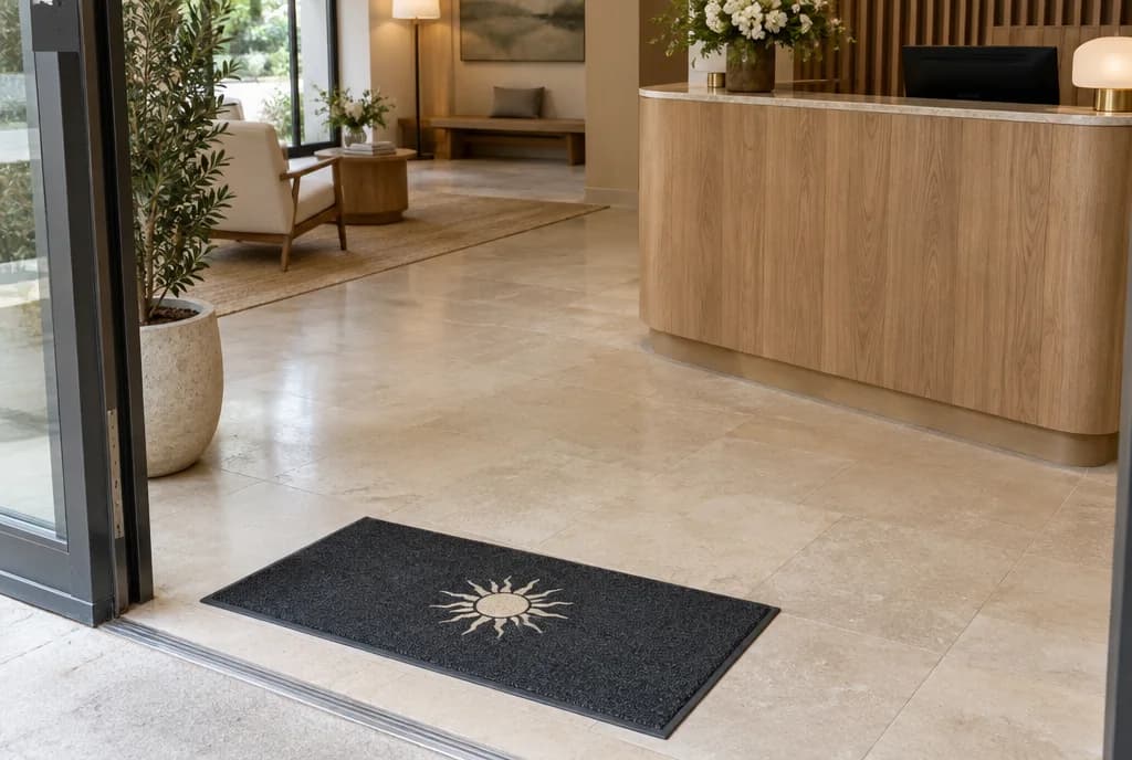 Illustration d’un tapis anthracite à emblème clair dans le hall d’un hôtel