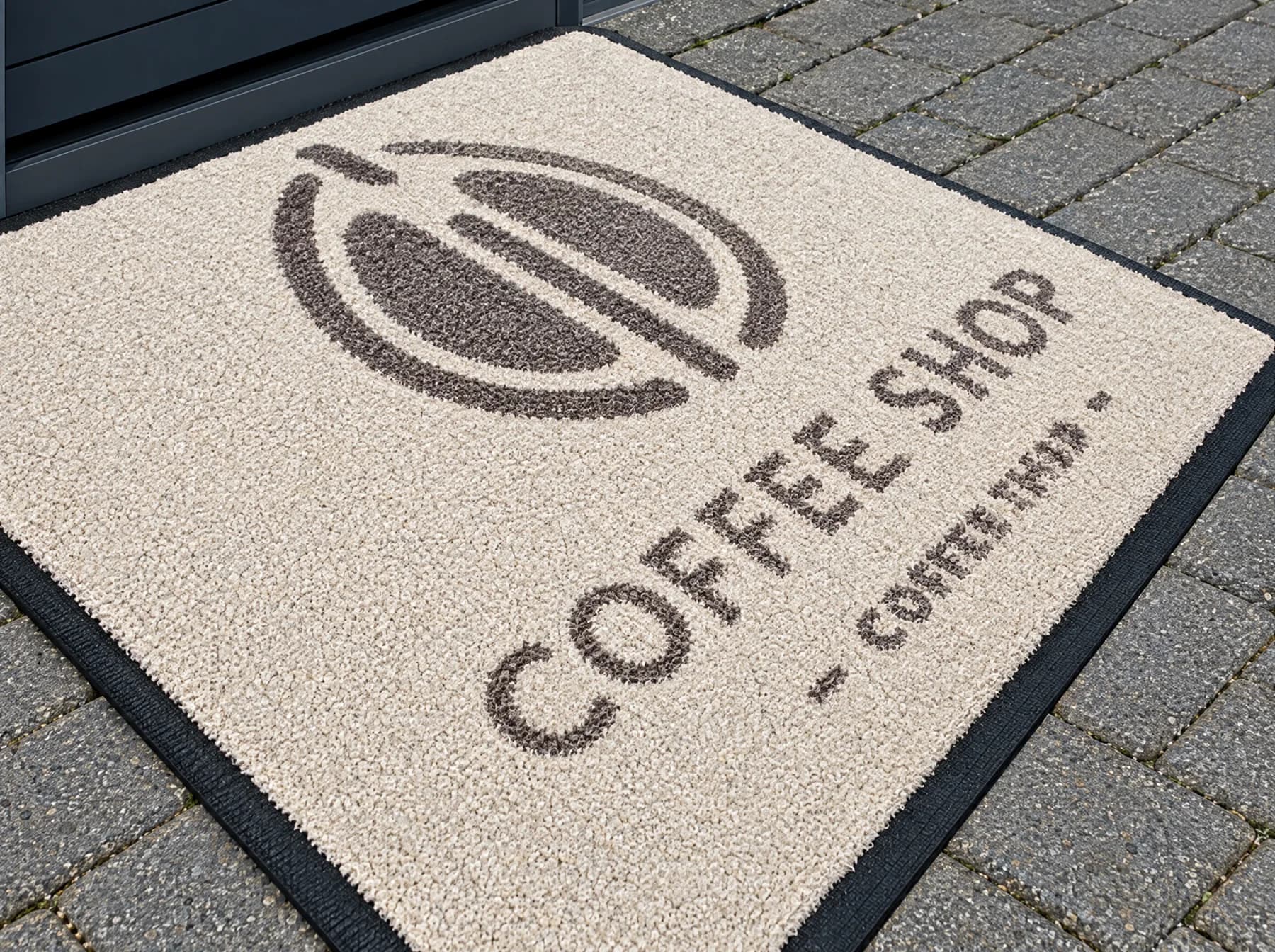 Illustration : Promoscrape beige avec logo de café sur un seuil extérieur